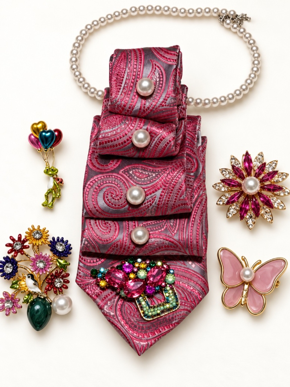 Necktie Necklace Neck Candy #28 Pink Paisley Pearl Statement Necklace Brooch Set